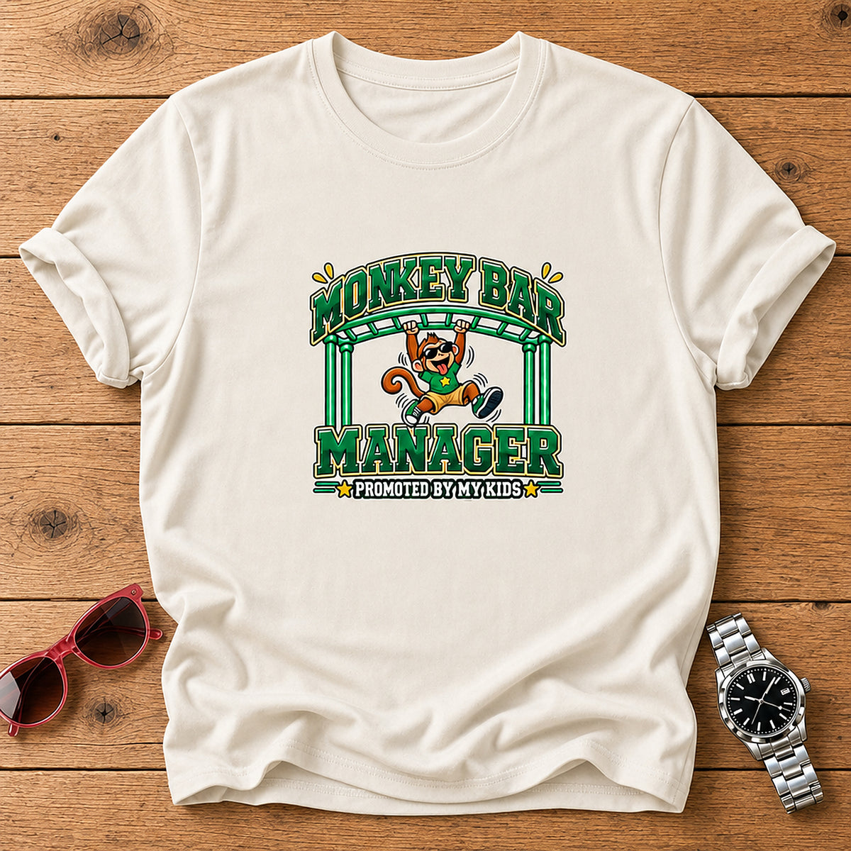Monkey Bar Manager T-Shirt - Promoted By My Kids - Natural