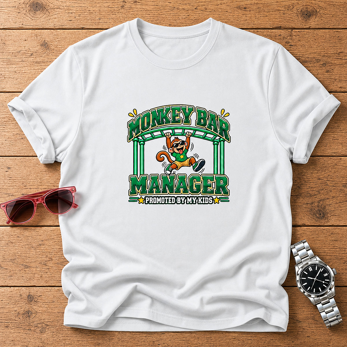 Monkey Bar Manager T-Shirt - Promoted By My Kids - White