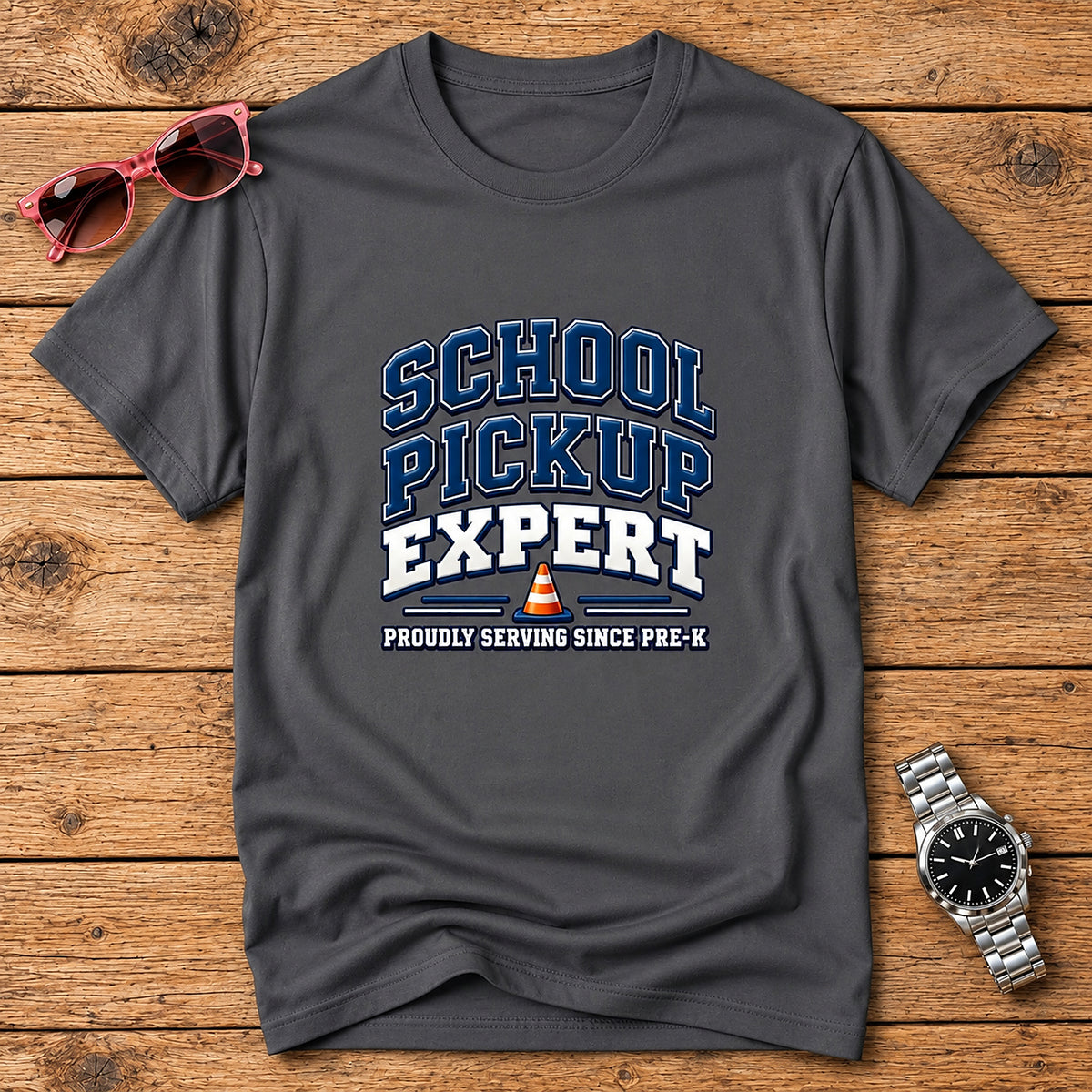 School Pickup Expert T-Shirt - Proudly Serving Since Pre-K - Charcoal