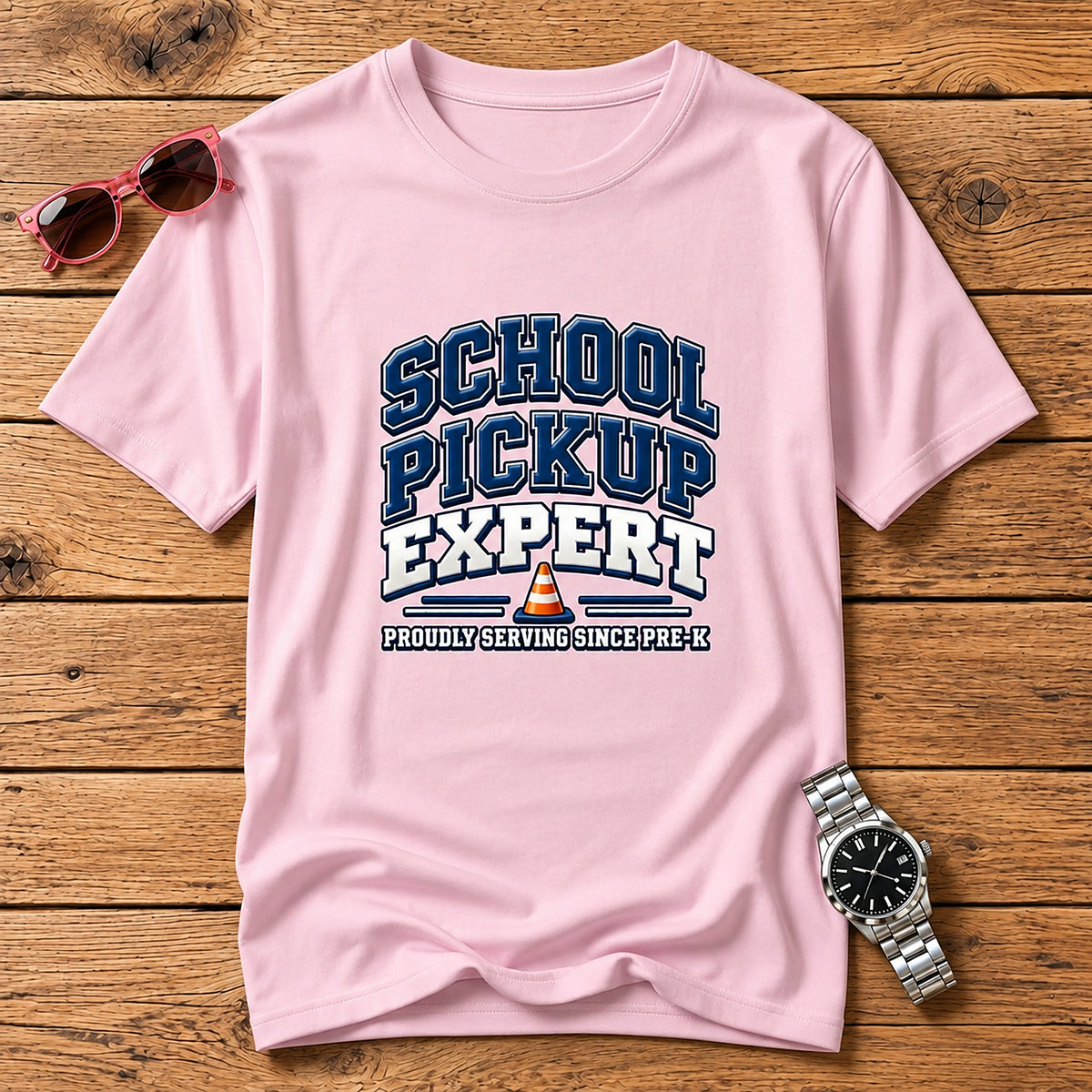 School Pickup Expert T-Shirt - Proudly Serving Since Pre-K - Light Pink