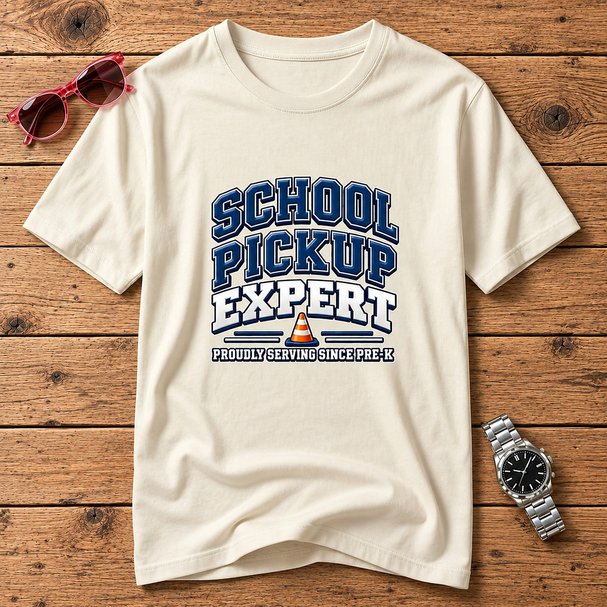 School Pickup Expert T-Shirt - Proudly Serving Since Pre-K - Natural